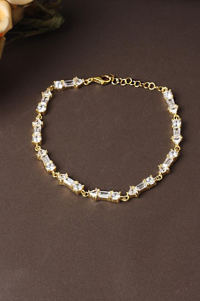 Tektaş Su Yolu Bileklik Baget Dikdörtgen Beyaz Silver Zirkon Taşlı 925 Ayar Zincir Bileklik