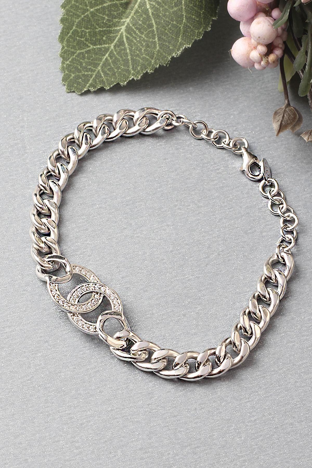 Zincir Kalın Bileklik Yuvarlak Zirkon Taşlı Beyaz Silver 925 Ayar Gümüş Bileklik