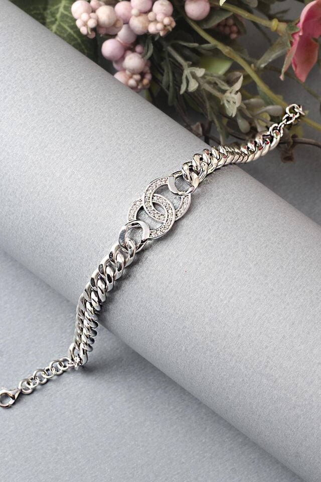 Zincir Kalın Bileklik Yuvarlak Zirkon Taşlı Beyaz Silver 925 Ayar Gümüş Bileklik