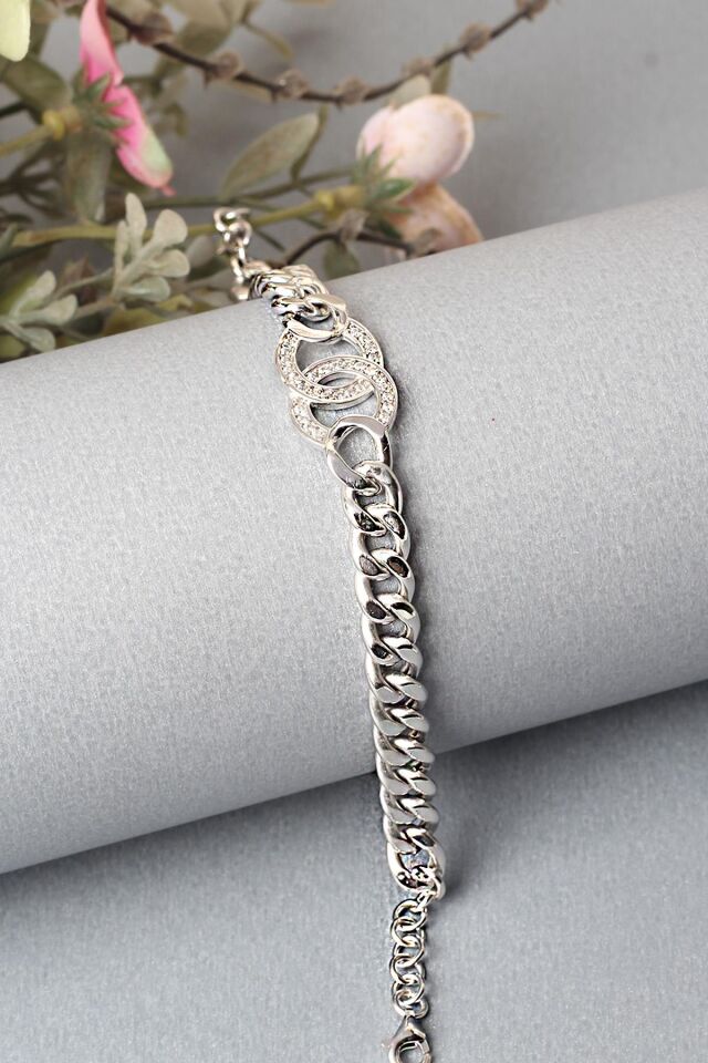 Zincir Kalın Bileklik Yuvarlak Zirkon Taşlı Beyaz Silver 925 Ayar Gümüş Bileklik