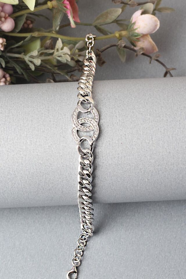 Zincir Kalın Bileklik Yuvarlak Zirkon Taşlı Beyaz Silver 925 Ayar Gümüş Bileklik