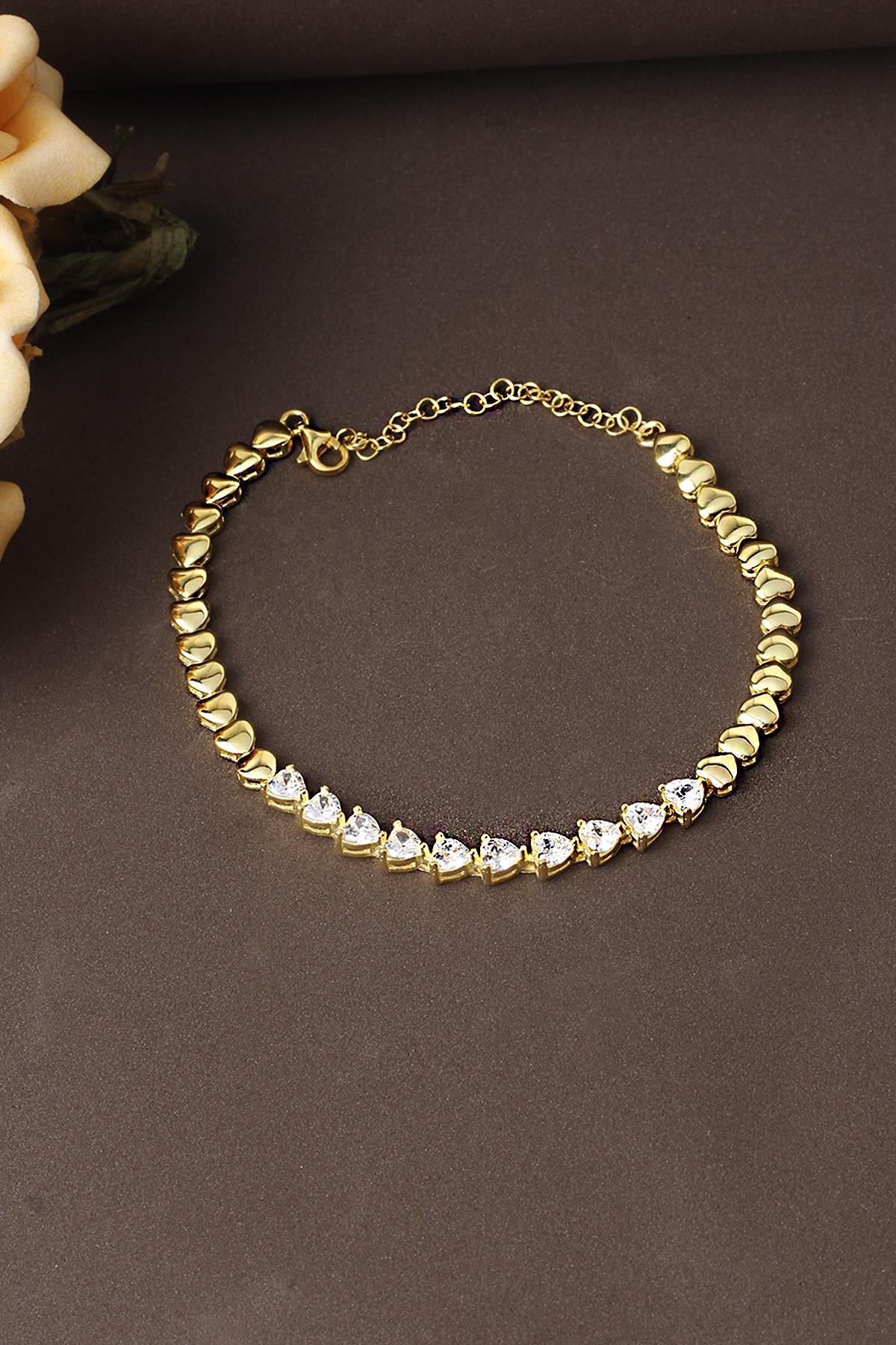 Su Yolu Bileklik Kalp Model 925 Ayar Zirkon Taşlı Sarı Gold Zincir Bileklik