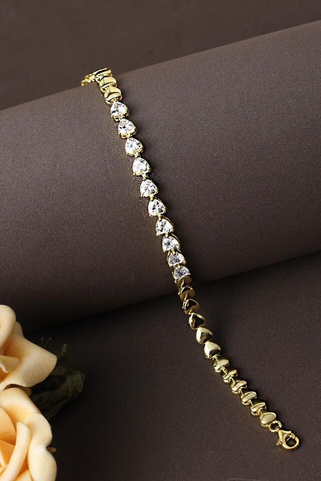 Su Yolu Bileklik Kalp Model 925 Ayar Zirkon Taşlı Sarı Gold Zincir Bileklik