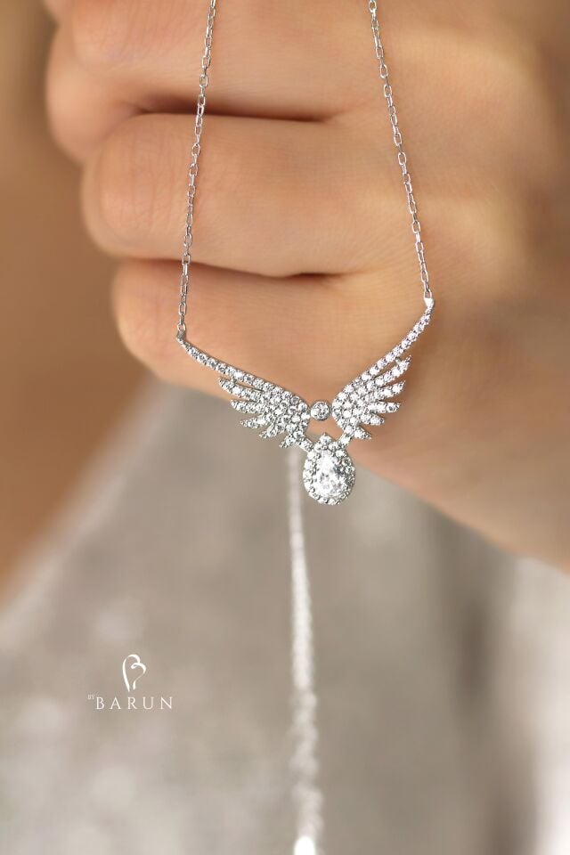 Tektaş Mikail Meleği Kanadı 925 Ayar Taşlı Damla Şans Gümüş Kolye