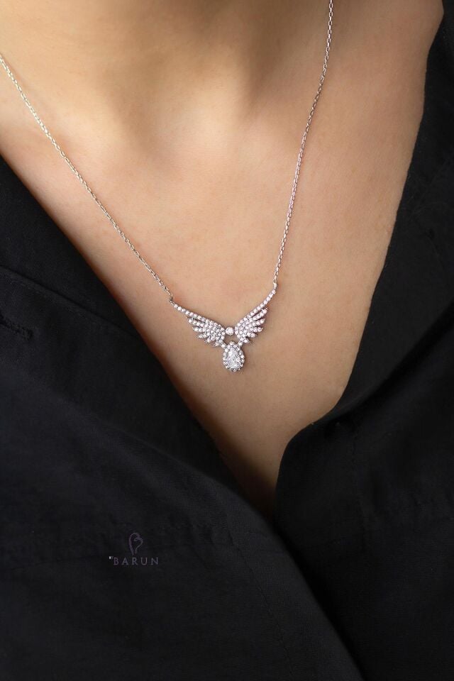 Tektaş Mikail Meleği Kanadı 925 Ayar Taşlı Damla Şans Gümüş Kolye