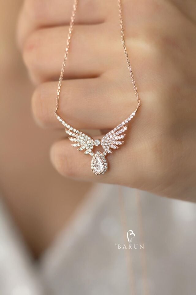 Tektaş Mikail Meleği Kanadı 925 Ayar Taşlı Damla Şans Gümüş Kolye