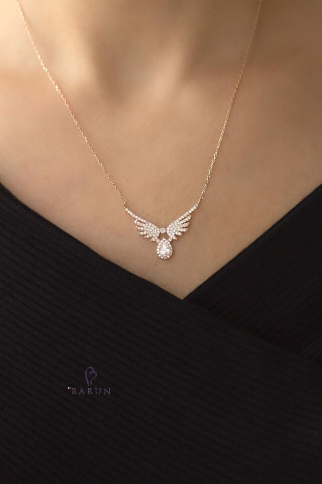 Tektaş Mikail Meleği Kanadı 925 Ayar Taşlı Damla Şans Gümüş Kolye