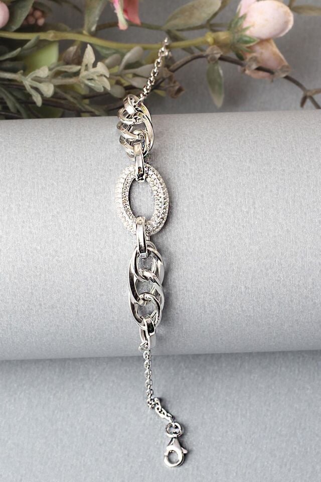 Zincir Bileklik Oval Zirkon Taşlı 925 Ayar Gümüş Beyaz Silver Zincir Bileklik