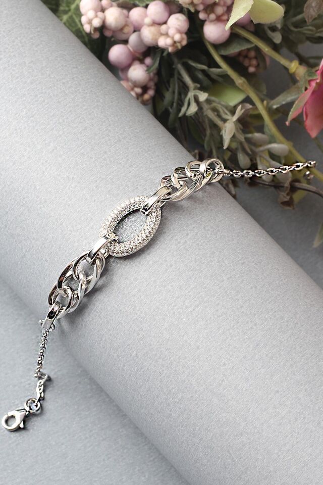 Zincir Bileklik Oval Zirkon Taşlı 925 Ayar Gümüş Beyaz Silver Zincir Bileklik