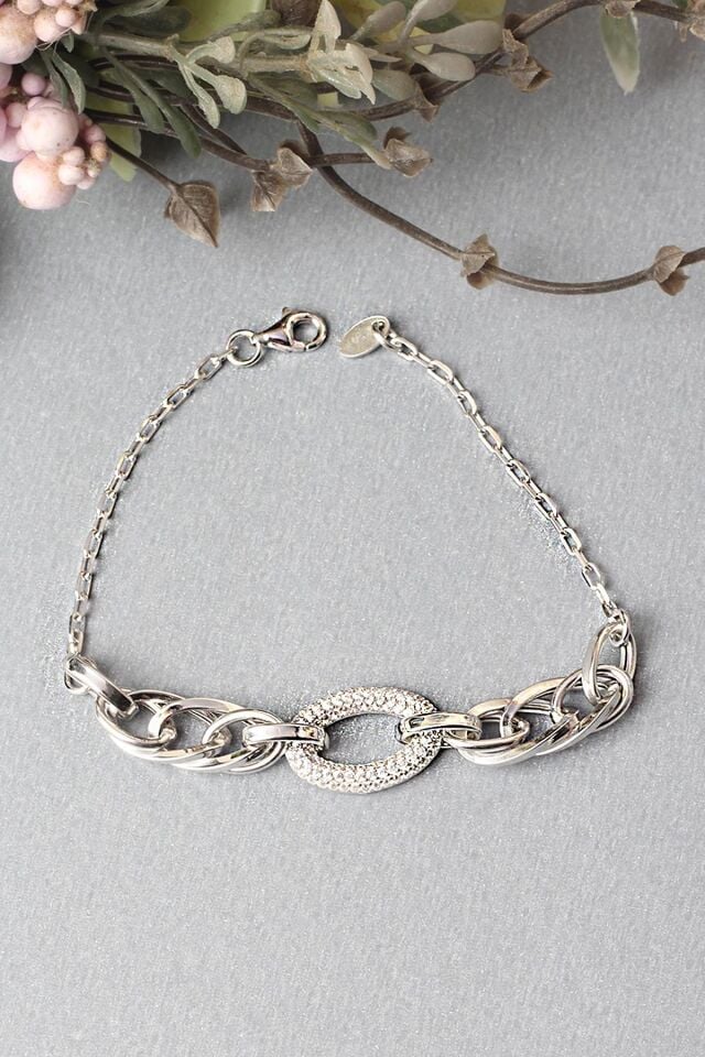 Zincir Bileklik Oval Zirkon Taşlı 925 Ayar Gümüş Beyaz Silver Zincir Bileklik