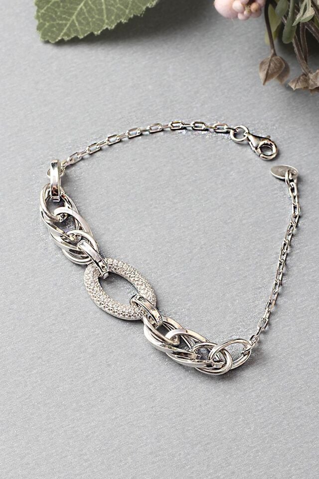 Zincir Bileklik Oval Zirkon Taşlı 925 Ayar Gümüş Beyaz Silver Zincir Bileklik