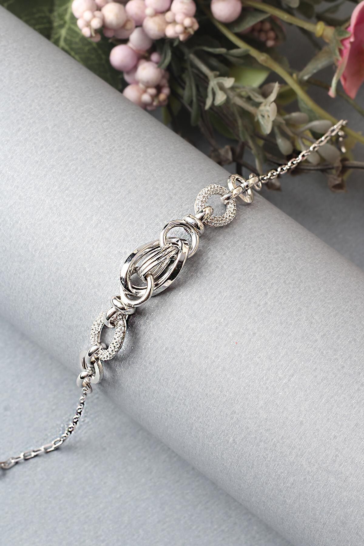 Zincir Bileklik Yuvarlak Zirkon Taşlı 925 Ayar Gümüş Beyaz Silver Zincir Bileklik