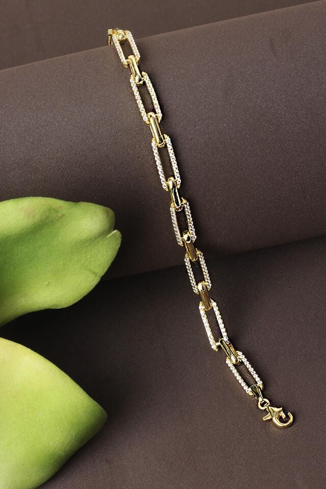 Zincir Bileklik Su Yolu Zirkon Taşlı Gold Rengi 925 Ayar Gümüş Bileklik