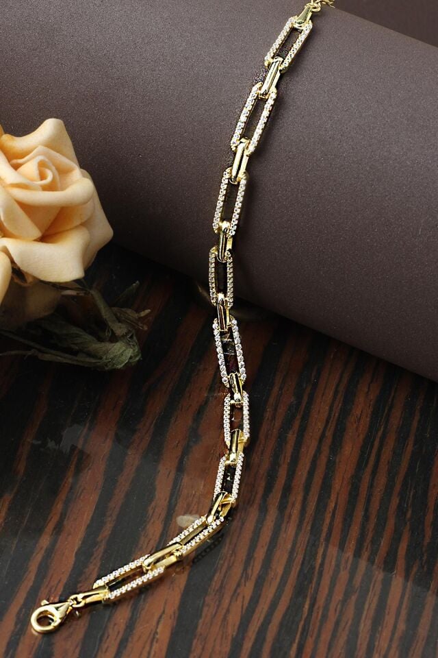 Zincir Bileklik Su Yolu Zirkon Taşlı Gold Rengi 925 Ayar Gümüş Bileklik