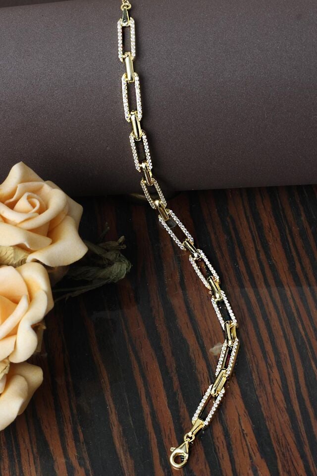 Zincir Bileklik Su Yolu Zirkon Taşlı Gold Rengi 925 Ayar Gümüş Bileklik