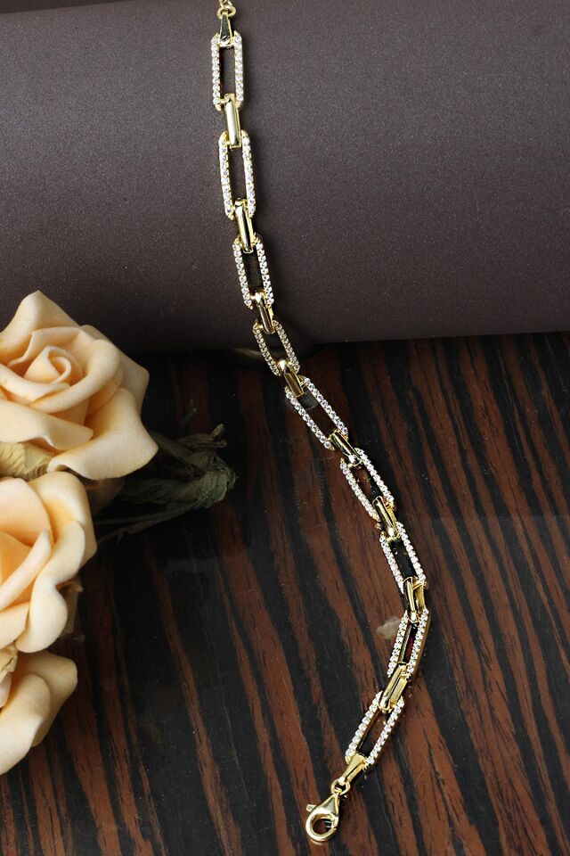 Zincir Bileklik Su Yolu Zirkon Taşlı Gold Rengi 925 Ayar Gümüş Bileklik