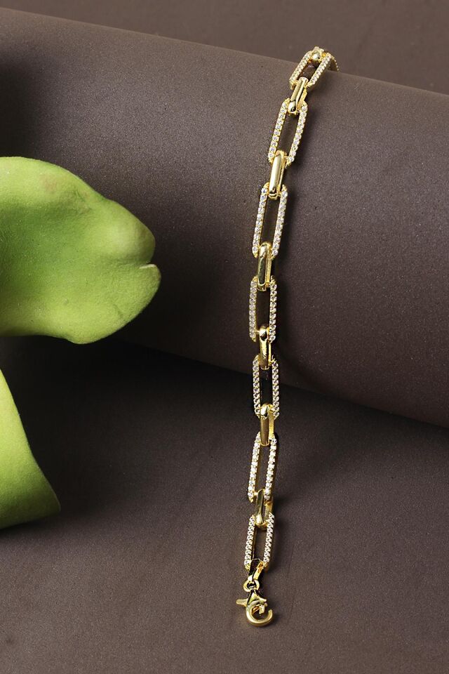 Zincir Bileklik Su Yolu Zirkon Taşlı Gold Rengi 925 Ayar Gümüş Bileklik