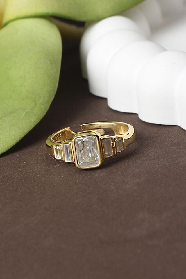 Ayarlanabilir Yüzük Kare Baget Zirkon Taşlı Silver Beyaz 925 Ayar Gümüş Yüzük