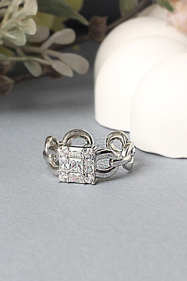 Ayarlanabilir Yüzük Zirkon Taşlı Kare 925 Ayar Gümüş Yüzük