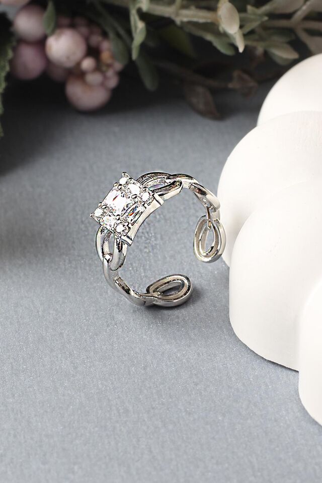 Ayarlanabilir Yüzük Zirkon Taşlı Kare 925 Ayar Gümüş Yüzük