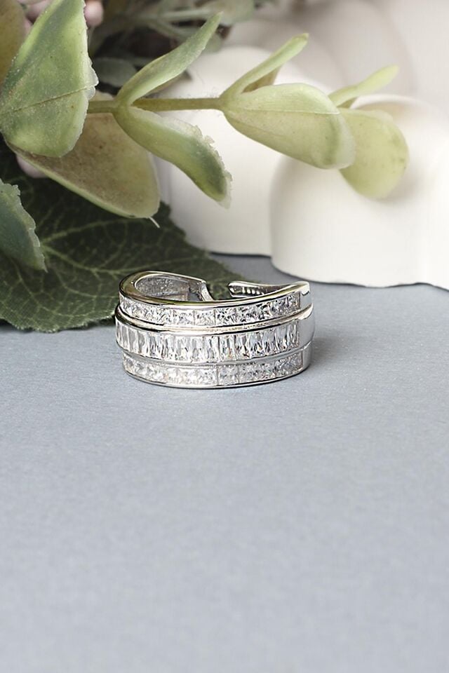 Ayarlanabilir Yüzük Baget Kesim Zirkon Taşlı 925 Ayar Gümüş Yüzük