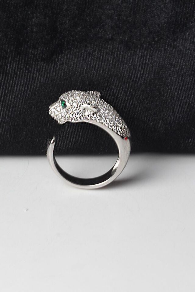 Ayarlanabilir Kaplan Figürlü Yüzük  Zümrüt Rengi Zirkon Taşlı  925 Ayar Gümüş Yüzük