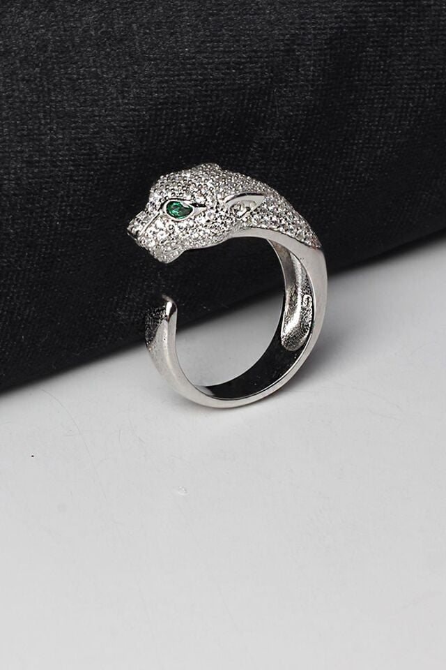 Ayarlanabilir Kaplan Figürlü Yüzük  Zümrüt Rengi Zirkon Taşlı  925 Ayar Gümüş Yüzük