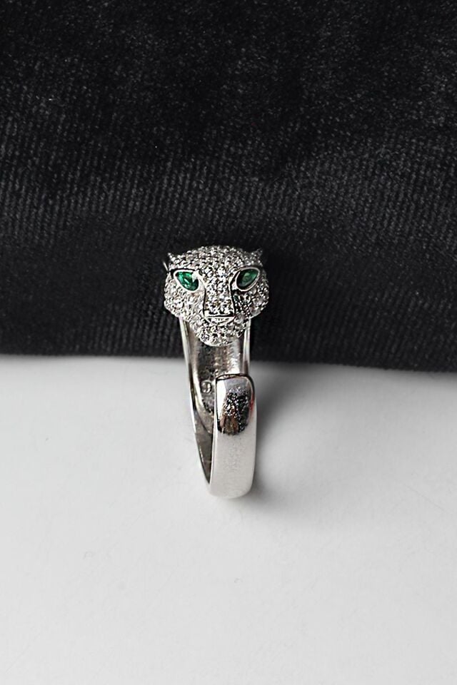 Ayarlanabilir Kaplan Figürlü Yüzük  Zümrüt Rengi Zirkon Taşlı  925 Ayar Gümüş Yüzük