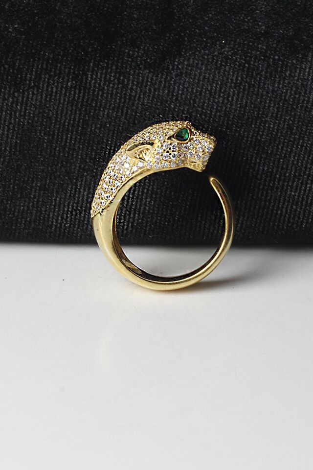 Ayarlanabilir Kaplan Figürlü Yüzük  Zümrüt Rengi Zirkon Taşlı  925 Ayar Gümüş Yüzük