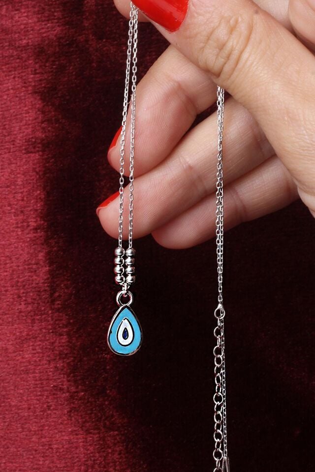 Kolye Nazar Boncuklu Kadın Mavi Mineli 925 Ayar Gümüş Kolye