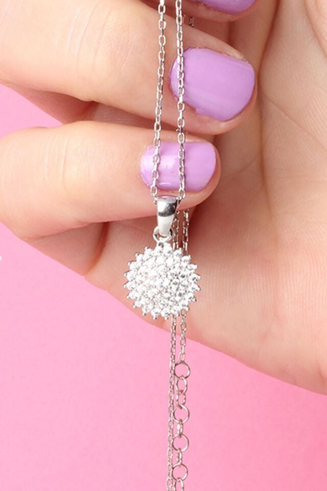 Yuvarlak Kolye Kadın Zirkon Taşlı Beyaz Taşlı Zincir 925 Ayar Gümüş Kolye