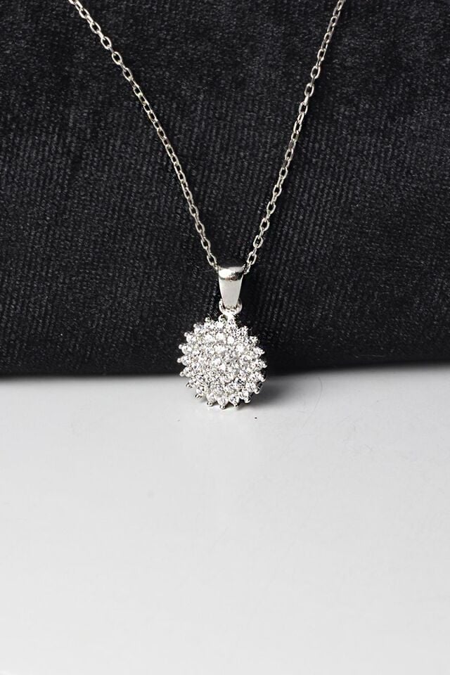 Yuvarlak Kolye Kadın Zirkon Taşlı Beyaz Taşlı Zincir 925 Ayar Gümüş Kolye