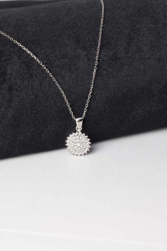 Yuvarlak Kolye Kadın Zirkon Taşlı Beyaz Taşlı Zincir 925 Ayar Gümüş Kolye