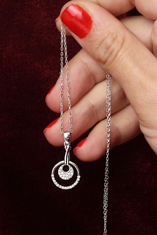 Yuvarlak Kolye Zirkon Taşlı Beyaz Zincir 925 Ayar Gümüş Kolye