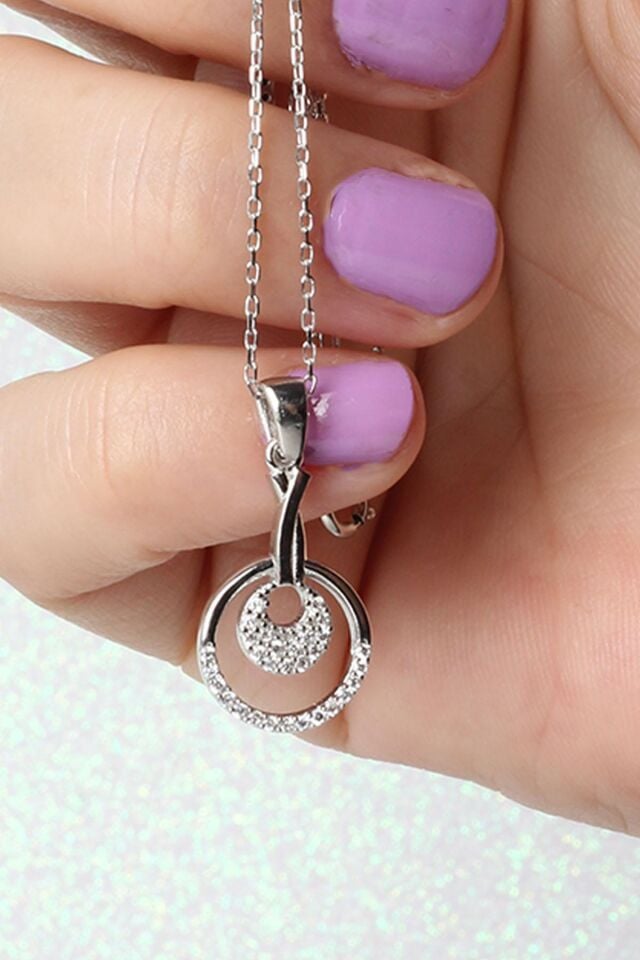 Yuvarlak Kolye Zirkon Taşlı Beyaz Zincir 925 Ayar Gümüş Kolye