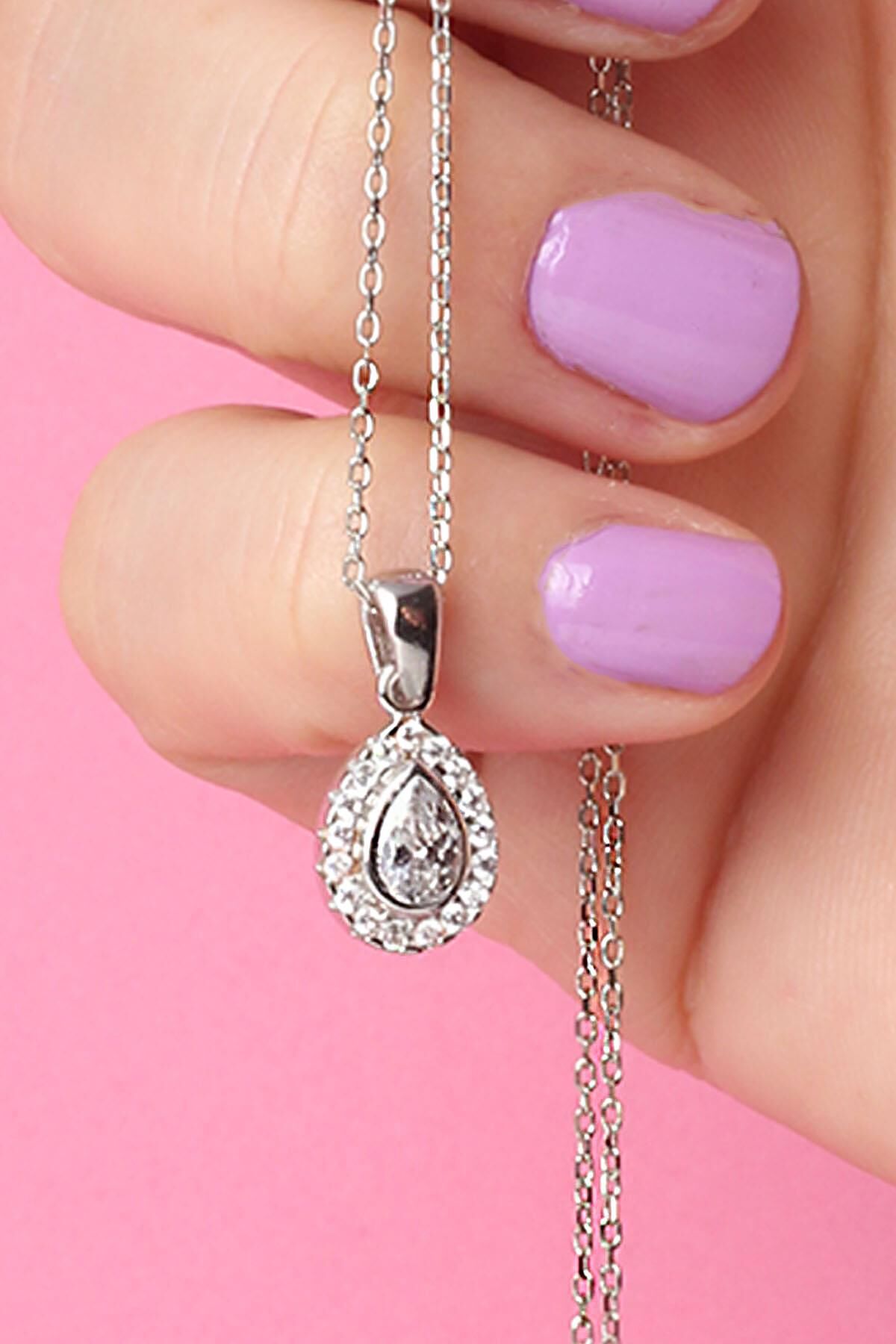 Damla Kolye Beyaz Zirkon Taşlı 925 Ayar Gümüş Kolye