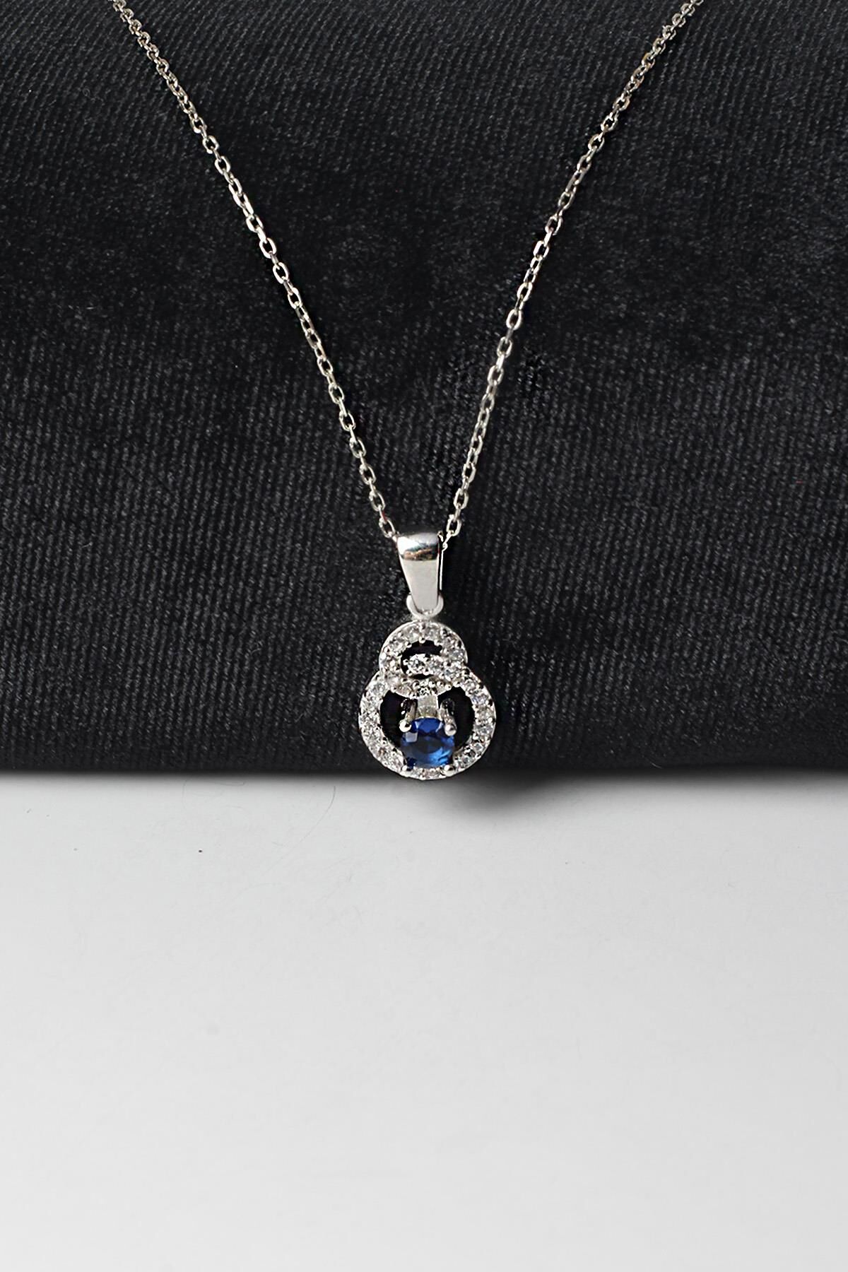 Kolye Kadın Safir Renk Zirkon Taşlı 925 Ayar Gümüş Zincir Kolye