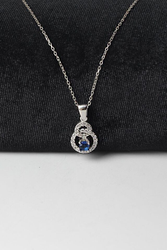 Kolye Kadın Safir Renk Zirkon Taşlı 925 Ayar Gümüş Zincir Kolye