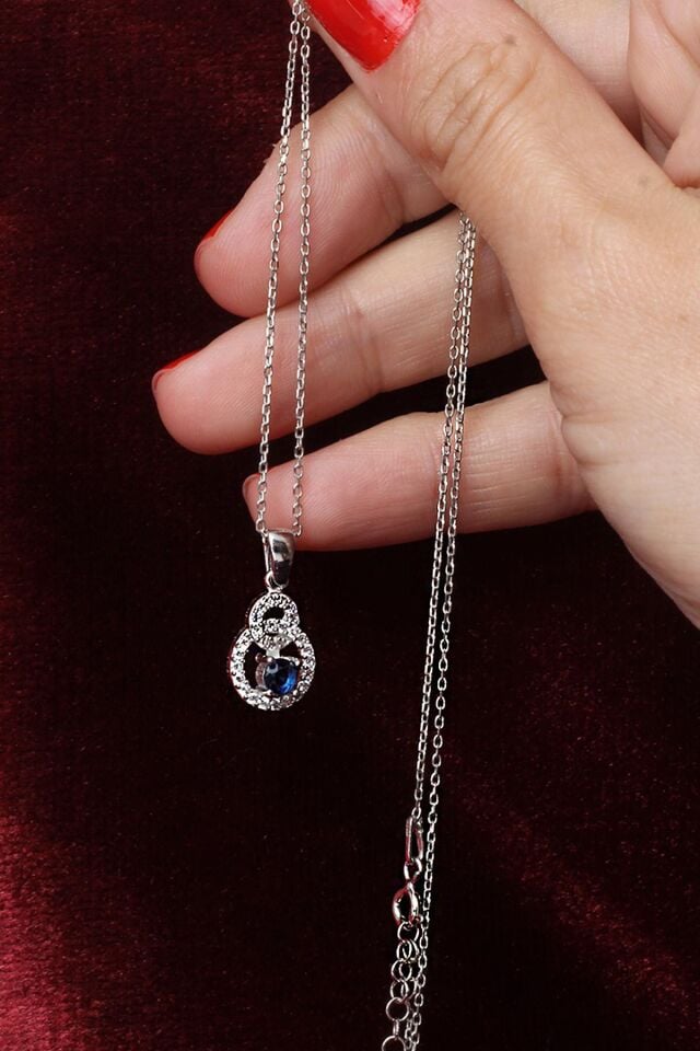 Kolye Kadın Safir Renk Zirkon Taşlı 925 Ayar Gümüş Zincir Kolye