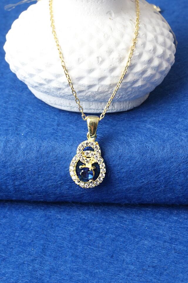 Kolye Kadın Safir Renk Zirkon Taşlı 925 Ayar Gümüş Zincir Kolye