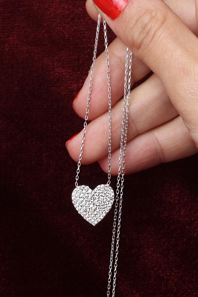 Kalp Kolye Kadın Zirkon Taşlı Beyaz Silver 925 Ayar Gümüş Zincir Kolye