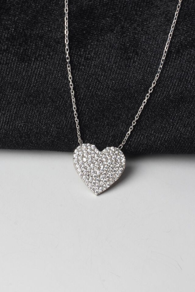 Kalp Kolye Kadın Zirkon Taşlı Beyaz Silver 925 Ayar Gümüş Zincir Kolye