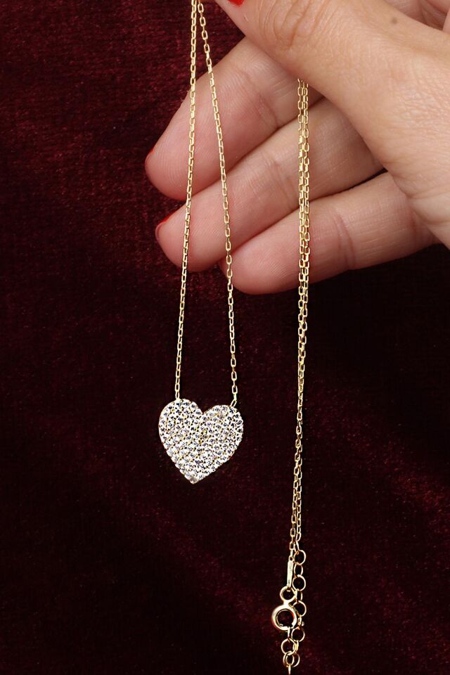 Kalp Kolye Kadın Zirkon Taşlı Beyaz Silver 925 Ayar Gümüş Zincir Kolye