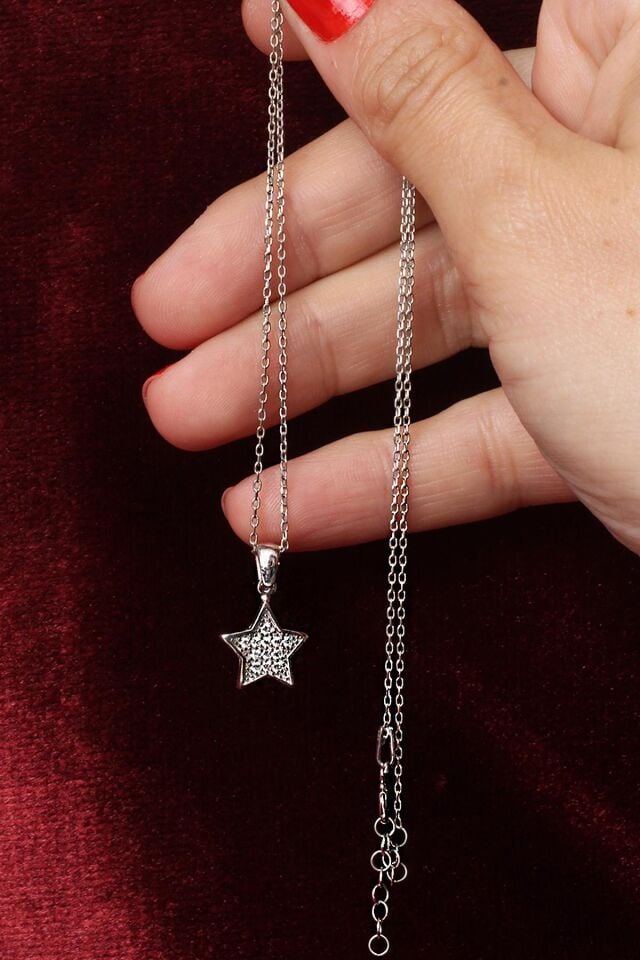 Yıldız Kolye Zirkon Taşlı Beyaz Silver 925 Ayar Gümüş Zincir Kolye