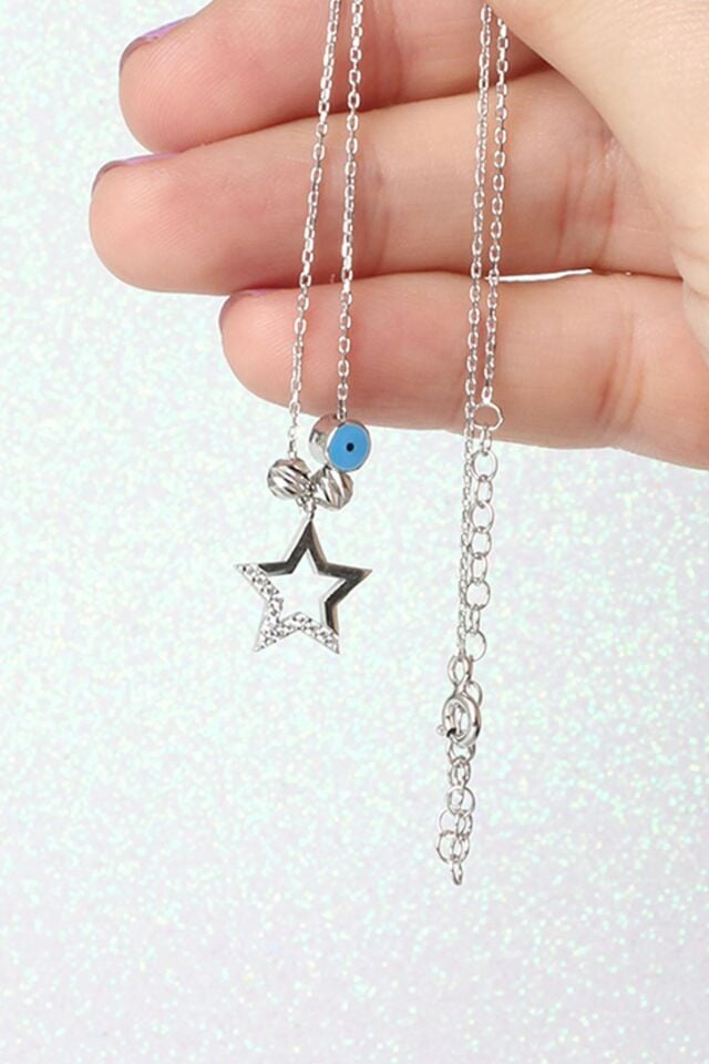 Yıldız Kolye Nazar Boncuk Beyaz Zirkon Taşlı 925 Ayar Gümüş Kolye