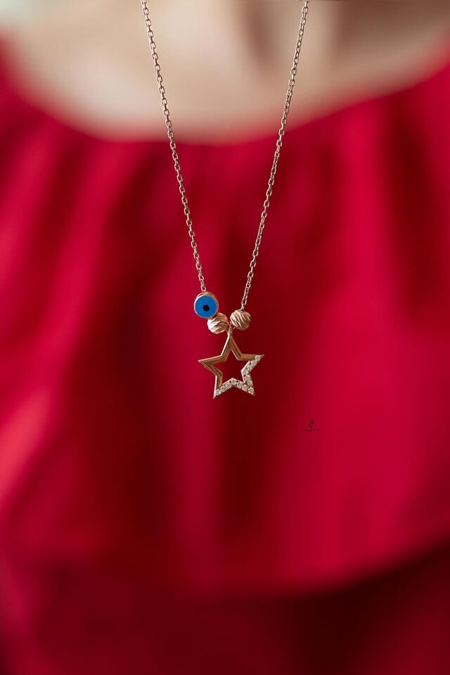 Yıldız Kolye Nazar Boncuk Beyaz Zirkon Taşlı 925 Ayar Gümüş Kolye