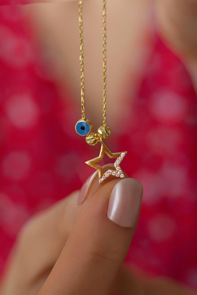 Yıldız Kolye Nazar Boncuk Beyaz Zirkon Taşlı 925 Ayar Gümüş Kolye