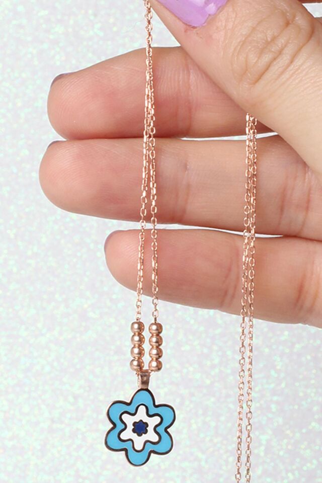 Papatya Kolye Mineli Göz Mavi 925 Ayar Gümüş Zincir Kolye