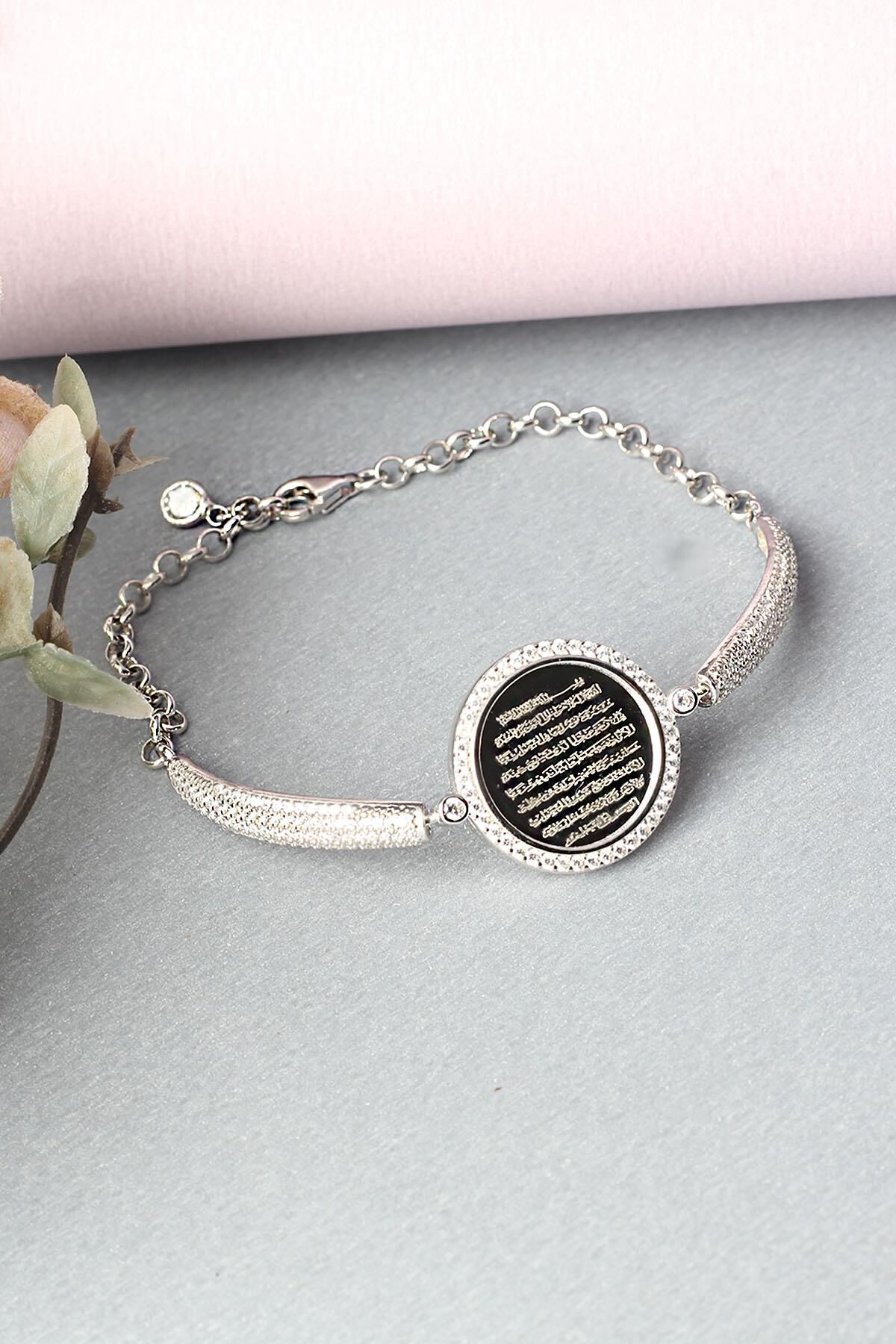 Ayetel Kürsi Bileklik 925 Ayar Gümüş Zirkon Taşlı Kelepçe Yuvarlak Zincirli Bileklik