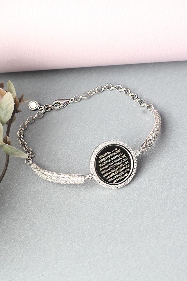 Ayetel Kürsi Bileklik 925 Ayar Gümüş Zirkon Taşlı Kelepçe Yuvarlak Zincirli Bileklik